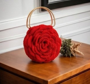 3D Rose Crochet Handbag with Gold Metal Handle