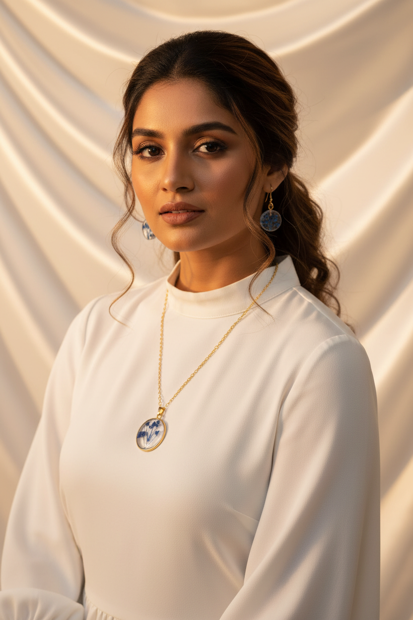 Blue Botanical Resin Jewellery Set - Modest Model