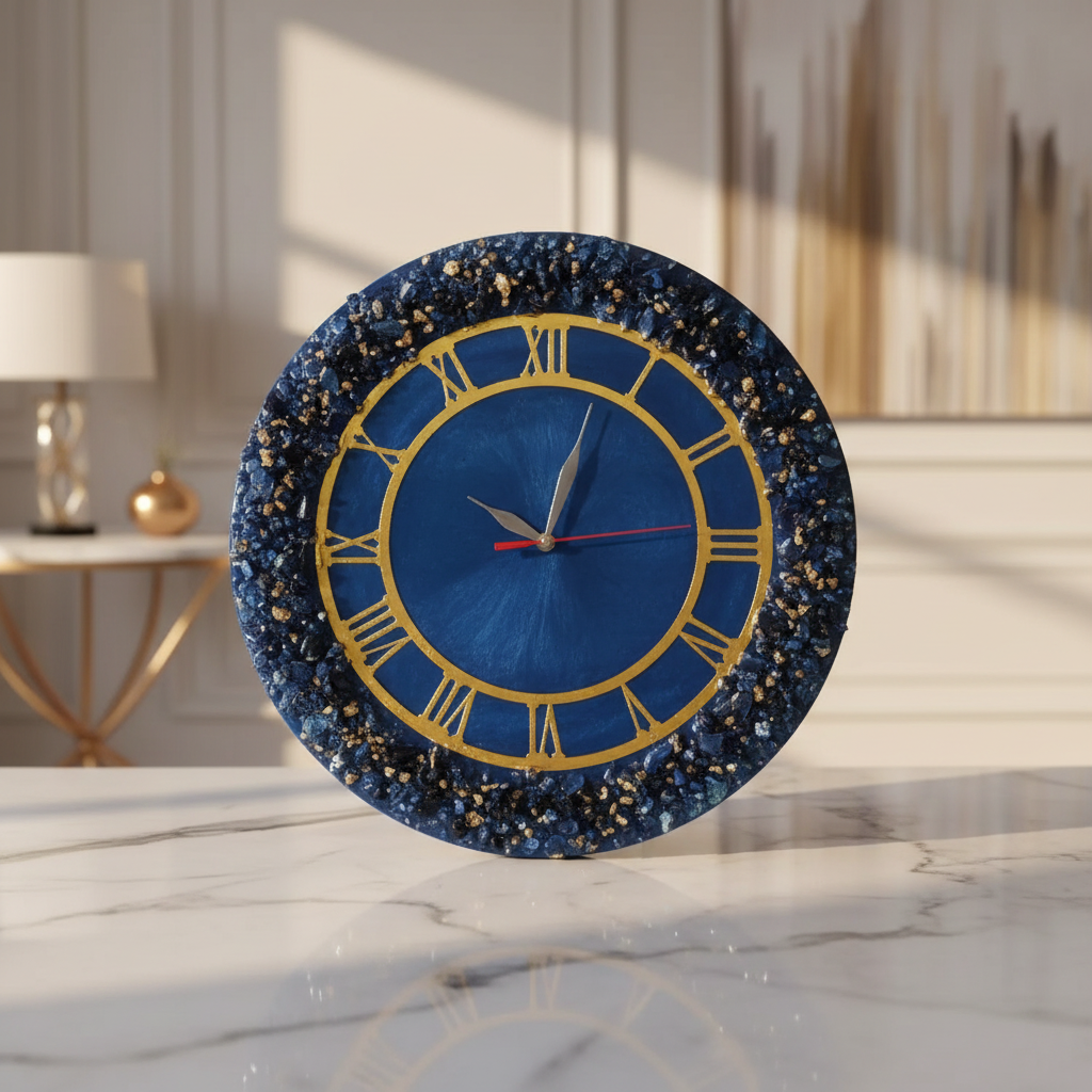 Blue & Gold Crystal Resin Art Wall Clock
