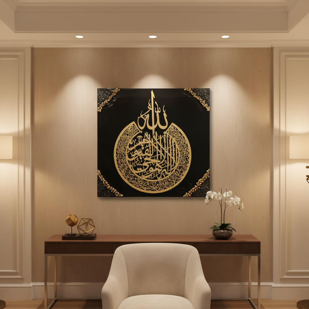 Ayatul Kursi black and gold resin wall art hanging in modern Islamic home interior