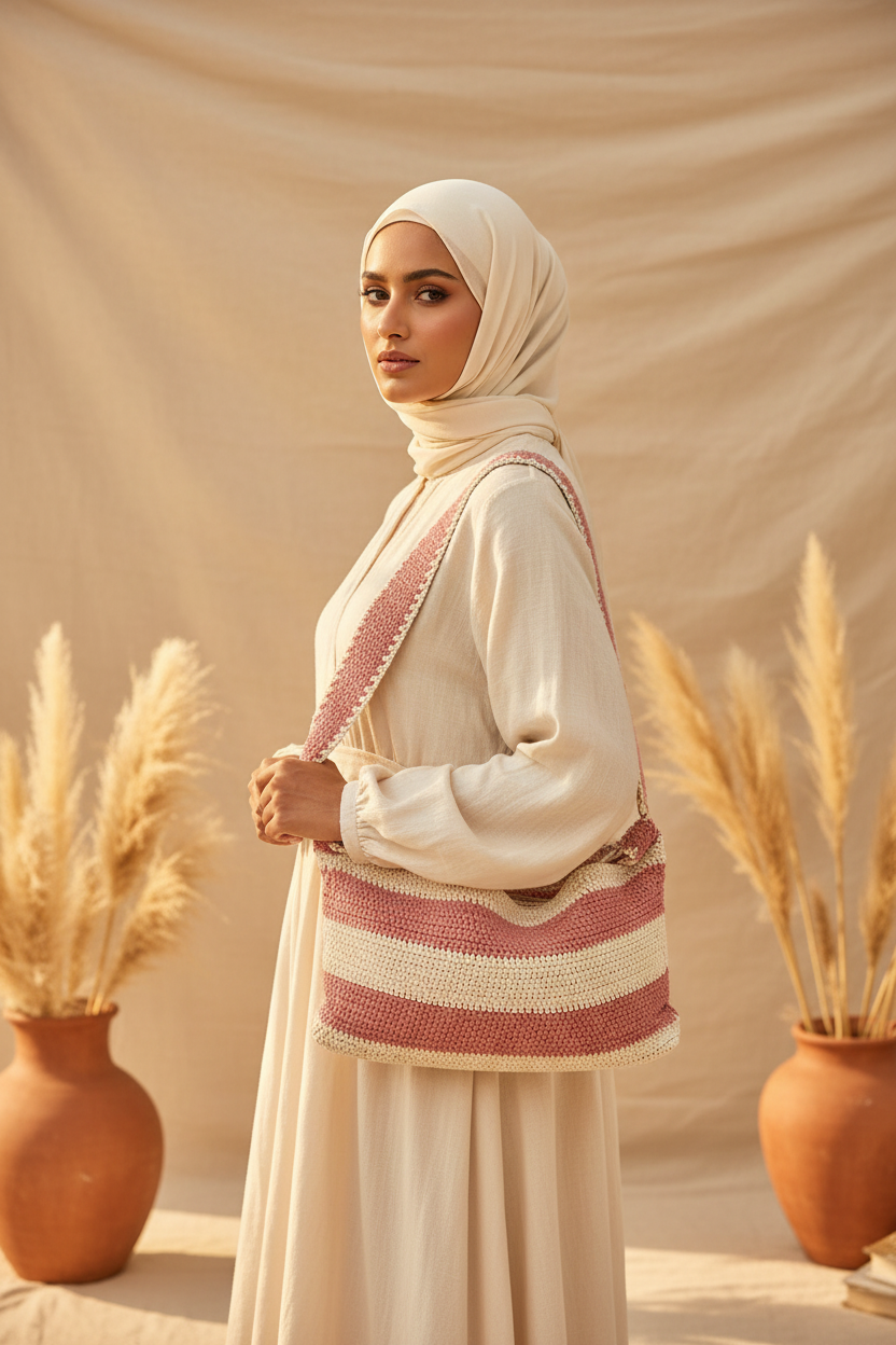 Striped Crochet Tote - Dusty Pink Hijab Model