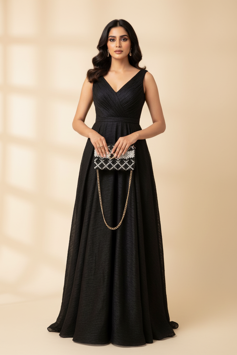 Black White Beaded Clutch - Model Studio