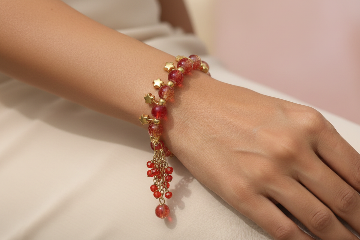 Red Crackle Bead Bracelet – Model Wearing
