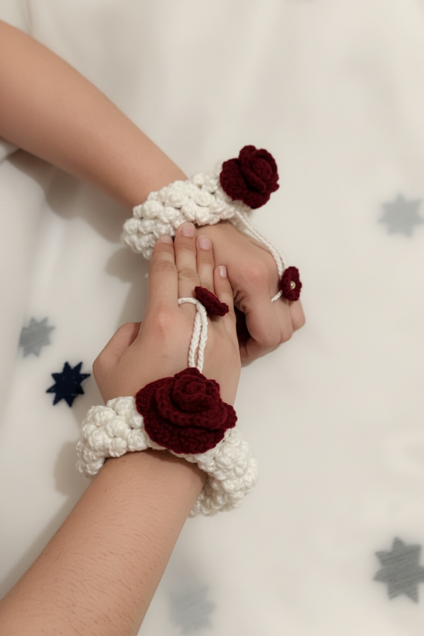 Crimson Rose Crochet Bracelet Set – Handmade White & Maroon Floral Jewellery