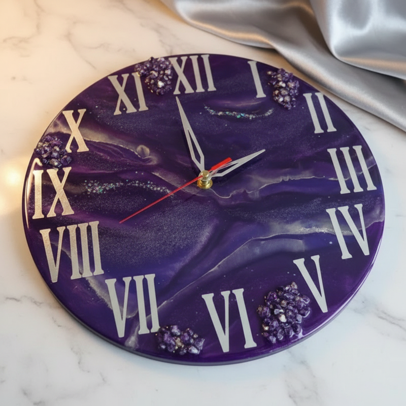 Purple & Silver Resin Art Wall Clock