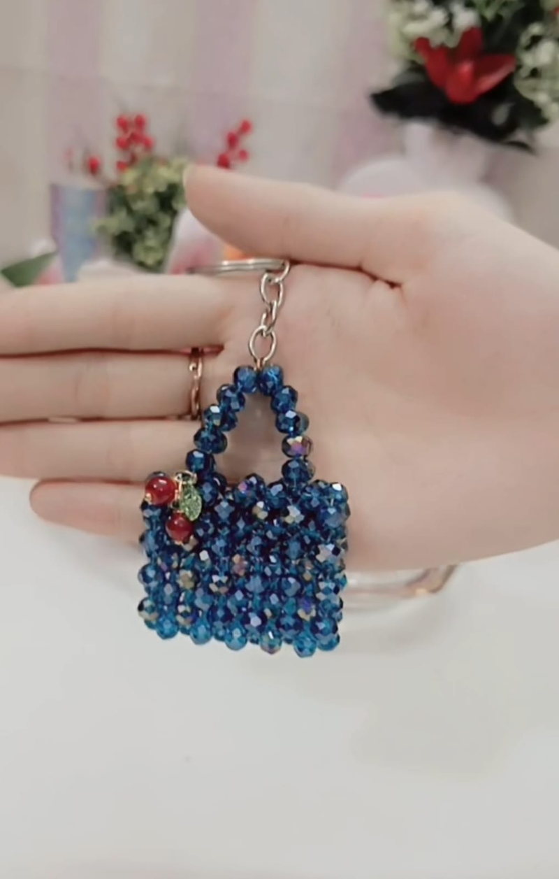 Crystal beaded keychain black mini bag charm