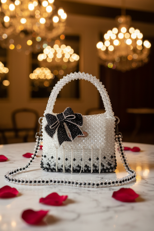 Handmade crystal beaded handbag front view on party table with champagne and rose petals