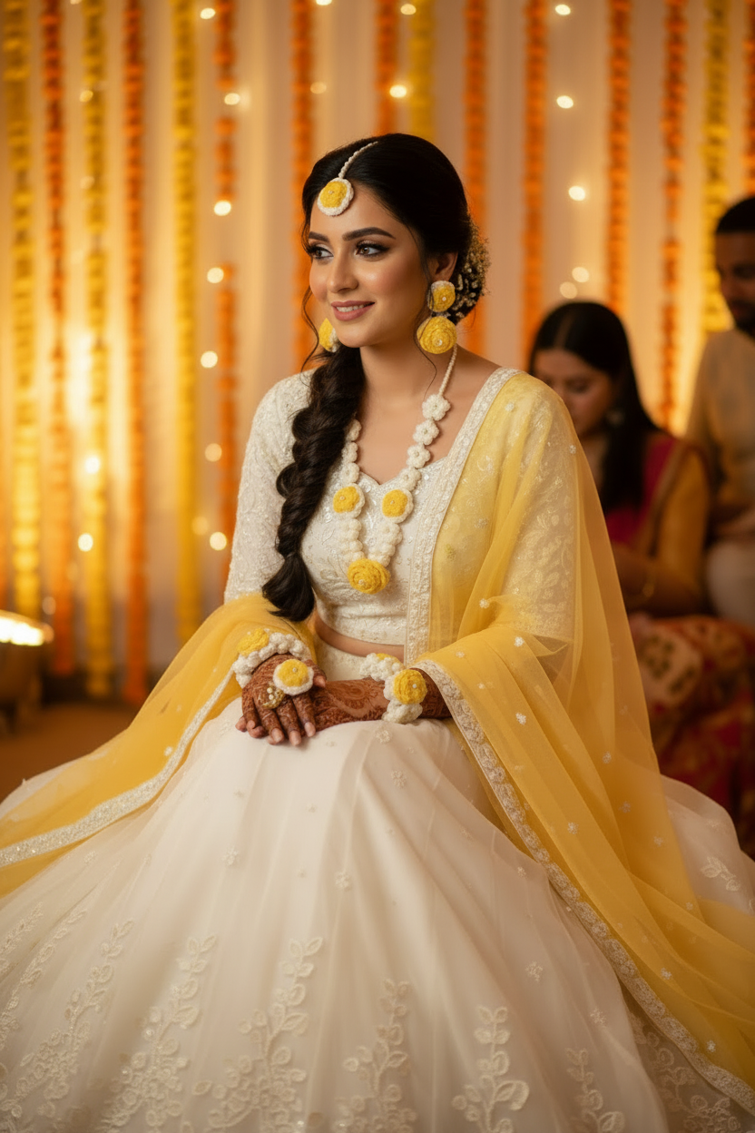 Cinematic bridal shot of South Asian bride wearing Mehndi Mayun Crochet Jewelry Set by Aesma Craft