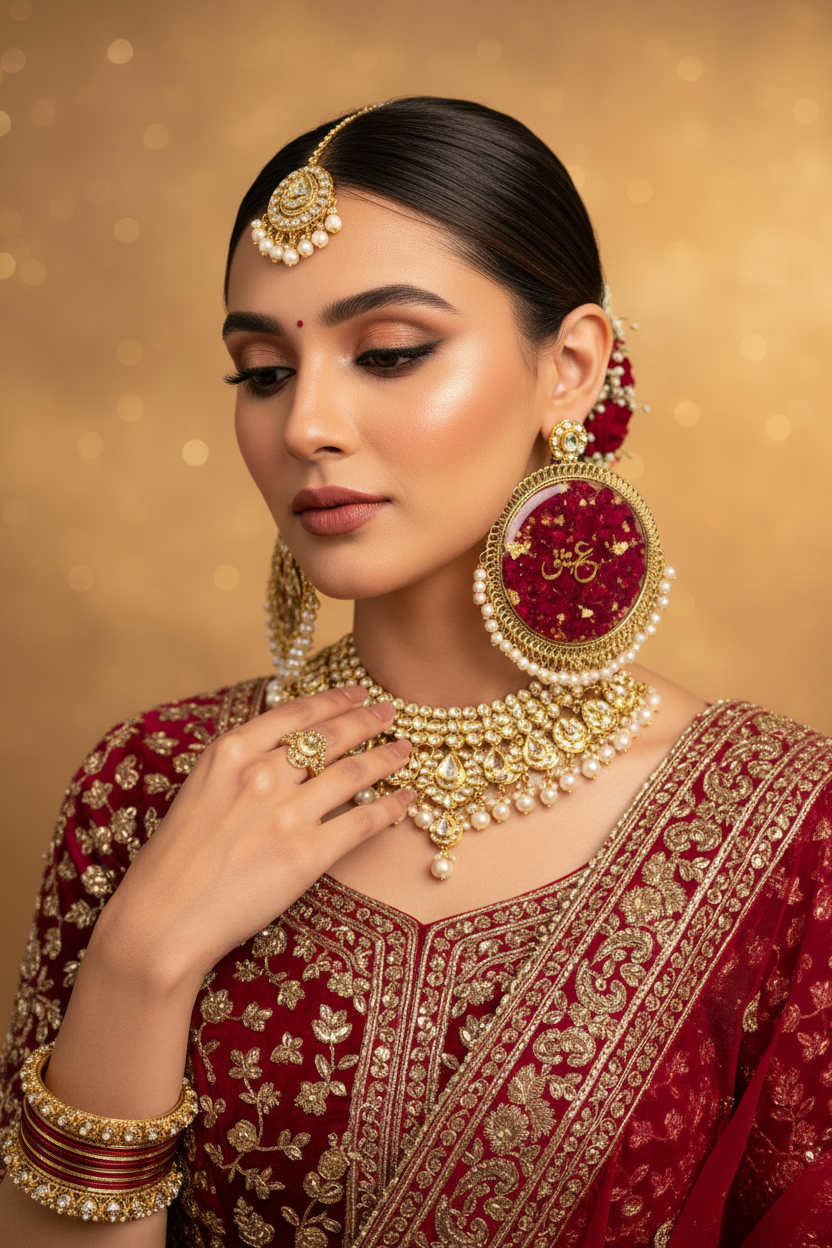 Red Gold Pearl Earrings – Bridal Model