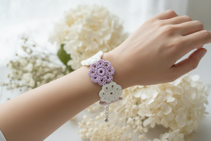 Lavender Lace Flower Crochet Bracelet with Model