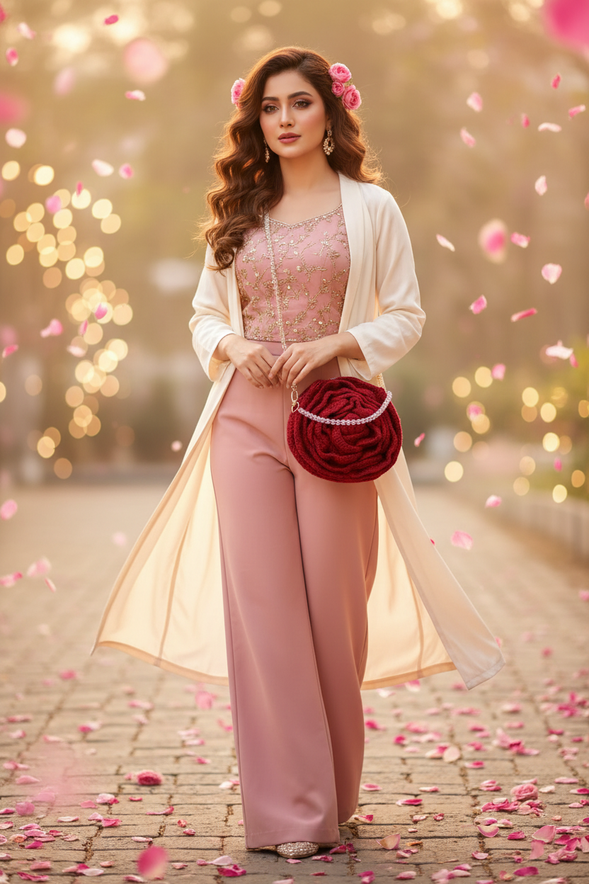 Model with Rose Crochet Bag