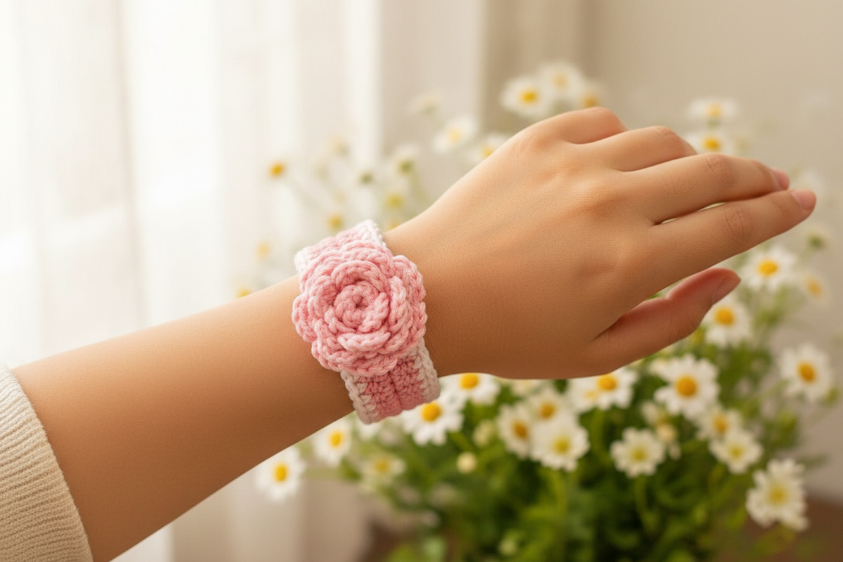 Pink Rose Flower Crochet Bracelet with Model